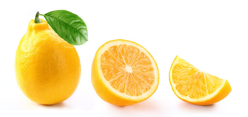 Fototapeta premium lemon with leaf and slices isolated white background