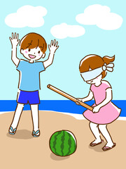 夏に海辺で楽しくスイカ割りをしている小学生の男の子と女の子の線画のイラスト