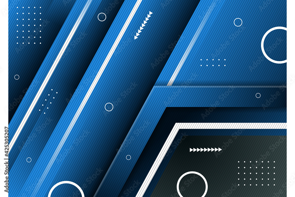 Poster minimal geometric background. dynamic blue shapes composition with transparency diagonal line patter