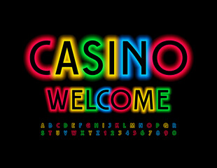 Vector electric sign Casino Welcome. Colorful Neon Font. Illuminated set of Alphabet Letters and Numbers