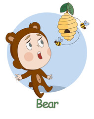 child dressed as a bear and beehives with bees. Illustration as part of the alphabet. Contains the inscription "bear"