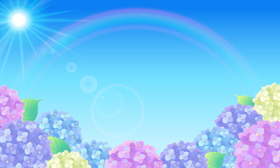 青空と虹とアジサイの梅雨のベクターイラスト背景 水彩 Art Holiday Background Vector Sky Summer Watercolor Hydrangea Rainbow Rain Rainy Season Background Canvas Print Backgrou Honyojima