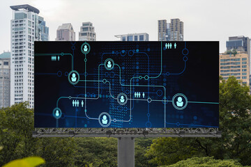 Fototapeta na wymiar Glowing Social media icons on road billboard over panoramic city view of Bangkok, Southeast Asia. The concept of networking and establishing new connections between people and businesses.