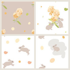 Set of vector patterns. Cute rabbits on a light background, flowers and splashes of paint. Suitable for textiles, wallpaper, fabrics, wrapping paper.