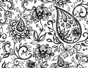 Paisley watercolor floral pattern tile: flowers, flores, tulips, leaves. Oriental indian traditional hand painted water color whimsical seamless print, ceramic design. Abstract india batik background