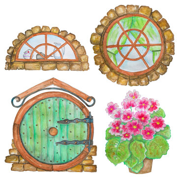 Illustration with green round doors and windows.