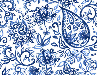 Fototapeta premium Paisley watercolor floral pattern tile: flowers, flores, tulips, leaves. Oriental indian traditional hand painted water color whimsical seamless print, ceramic design. Abstract india batik background