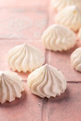 Sweet meringues. Meringue tray.  Dessert Background.