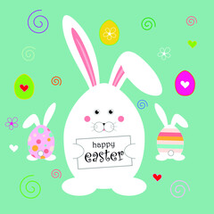 Easter card with bunny on a turquoise background in vector format.