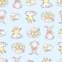 Seamless background of set various Easter pictures with chickens and rabbits