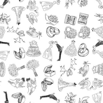 Seamless background of sketches various wedding symbols