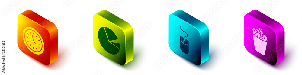 Poster set isometric clock, pie chart infographic, computer mouse and full trash can icon. vector