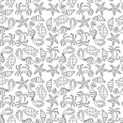 Seamless pattern of outlines various cartoon sea creatures