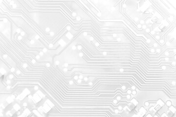 White texture background of printed circuit board. Computer technology background. Information tech. Space for text. Gray scale pcb background.