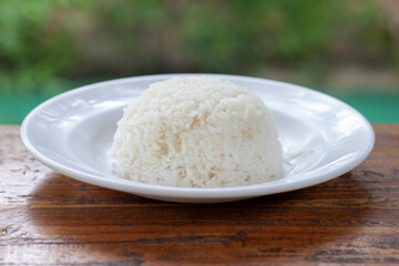 Ripe rice is the main food of Thailand in white plate placed on wooden background.