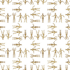 Seamless pattern of sketches wooden human mannequins