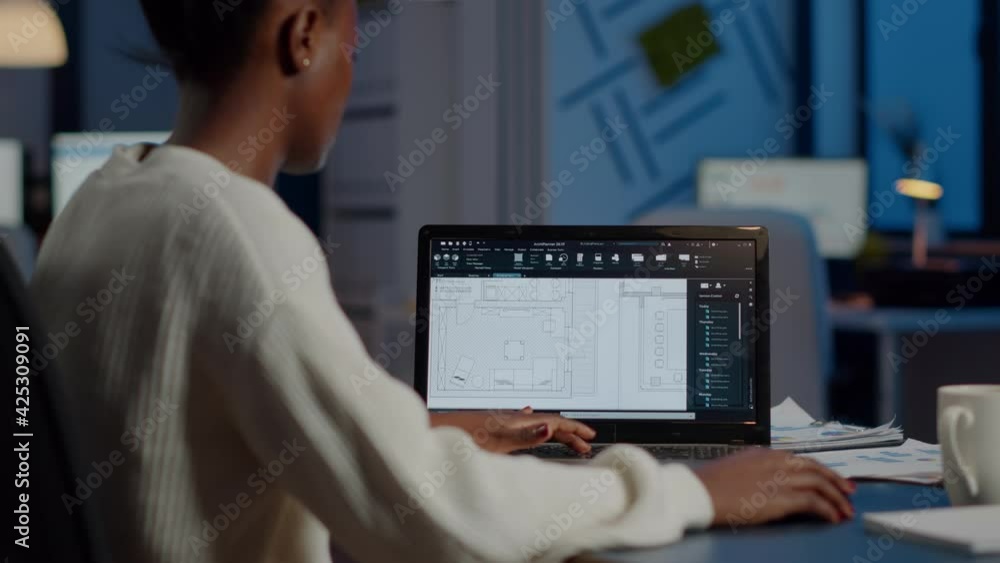 Poster african engineer constructor designer architect analysing new bluilding plan in cad program working 