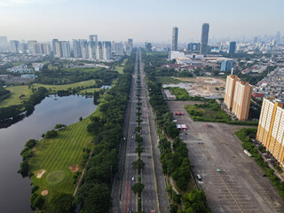 aerial view of highway in the morning and buildings. Jakarta, Indonesia, April 4, 2021