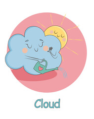 Sweet cloud and sun pouring water from a watering can. Illustration as part of the alphabet labeled "cloud"