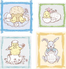 Vector image of set various Easter pictures with chickens and rabbit