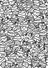 Obraz premium Vector doodles of sweets, seamless pattern. Black silhouettes of sweets. Coloring page.