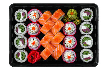 japanese food, set of Philadelphia rolls with red caviar, rolls in red masago caviar, in black and white sesame with sea bass, ginger, wasabi in black box isolated on white background