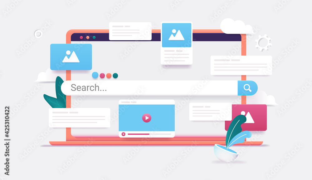 Poster search engine on computer screen - 3d vector illustration of laptop with internet search and results