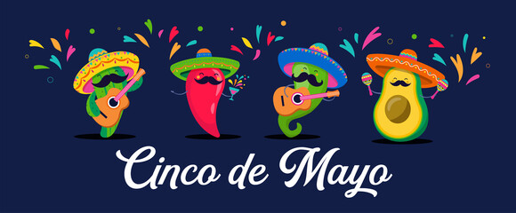 Fototapeta na wymiar Cinco de Mayo - May 5, federal holiday in Mexico. Fun, cute characters as chilli pepper, avocado, cactus playing guitar, dancing and drinking tequila. 