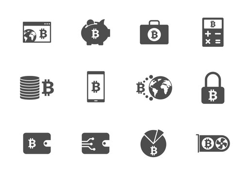 bitcoin grey silhouette vector icons isolated on white. bitcoin cryptocurrency icon set for web, mobile apps, ui design and print