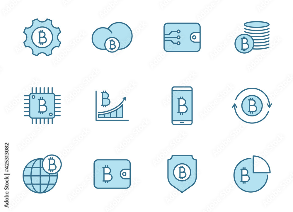 Poster bitcoin line vector icons in two colors isolated on white background. bitcoin cryptocurrency blue ic