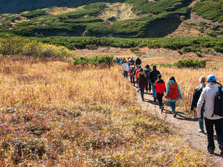 Fototapeta na wymiar Tourists walk along the Vachkazhets ridge. Group of people went on a hike to explore the nature of Kamchatka. Kamchatka Peninsula, Russia.