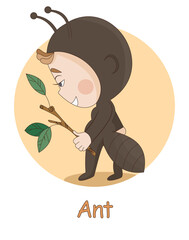 child dressed as an ant. illustration as part of the alphabet with the inscription "ant"