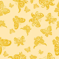 Gardinen pattern of decorative butterflies in yellow shades, cartoon illustration, vector, © Oxana Kopyrina