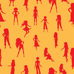pattern of red silhouettes of women in different poses on a yellow background, cartoon illustration, vector,