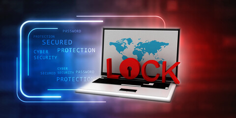 3d illustration Safety concept: Closed Padlock with laptop on digital background

