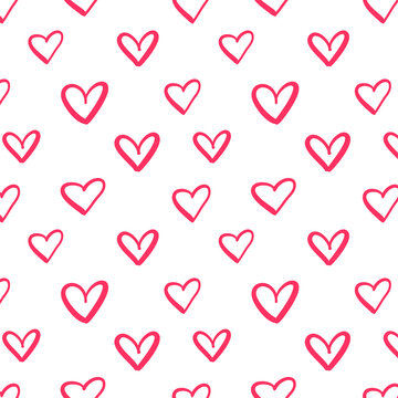 Repeated outlines of hearts drawn by hand. Romantic seamless pattern. Endless cute print vector illustration.