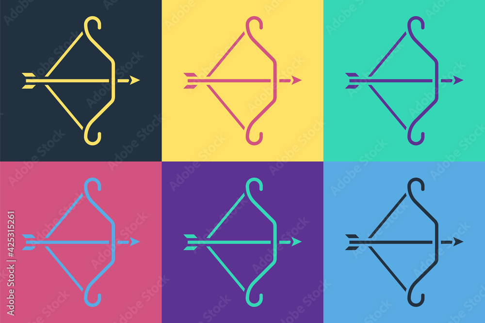Poster pop art medieval bow with arrow icon isolated on color background. medieval weapon. vector