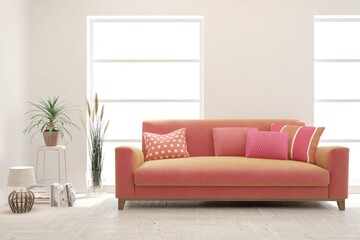 White living room with pink sofa. Scandinavian interior design. 3D illustration