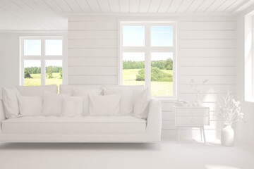 Minimalist living room in white color with sofa and summer landscape in window. Scandinavian interior design. 3D illustration