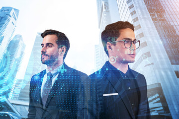 Two handsome businessman in suits thinking about career opportunities at research and development department at international consulting company. Hologram icons over Singapore background.