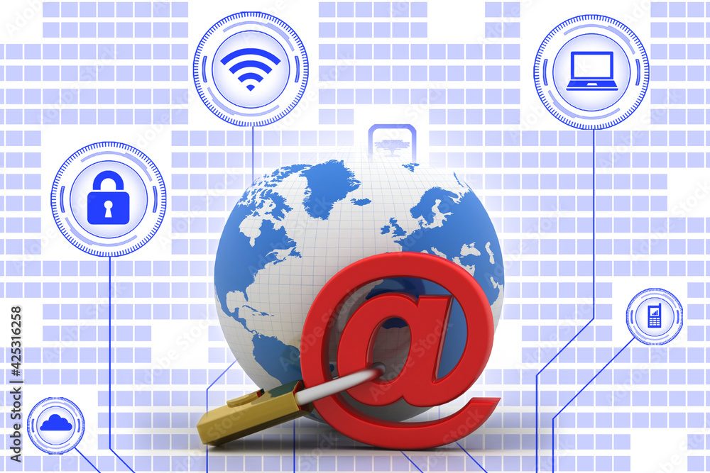 Poster 3d rendering e-mail symbol with lock. internet security concept