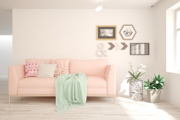 White living room with sofa. Scandinavian interior design. 3D illustration