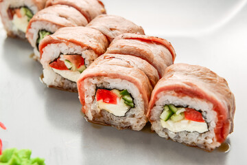 Salmon sushi rolls set. sushi with veal meat