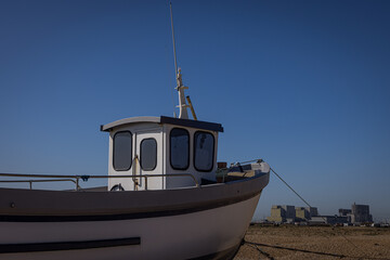 Fishing boat on the beach at Dungeness, Kent, England