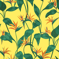 Fototapeta na wymiar Strelitzia reginae, tropical flowers seamless pattern. Hand drawn vector illustration. Colored exotic plants ornament. Botanical design for fabric, textile, wallpaper, background, print, decor, wrap.