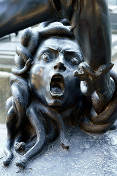 Milan, Italy - September 12, 2020: CImitero Monumentale of Milan, Italy: a tomb with the Gorgon