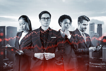 Group of business colleagues working on new venture capital and hi-tech start up and try to forecast risks and estimate prospective earning growth. Hologram chart on Singapore background.