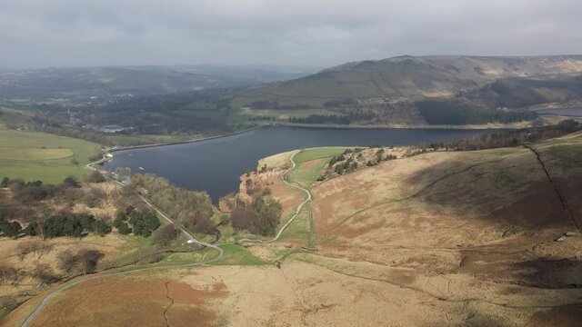Stunning Dovestone Reservoir Aerial Drone Fly Over Peak District National Park Greenfield Saddleworth Moor Manchester	