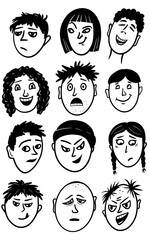 Funny emotional cartoon faces of men and women