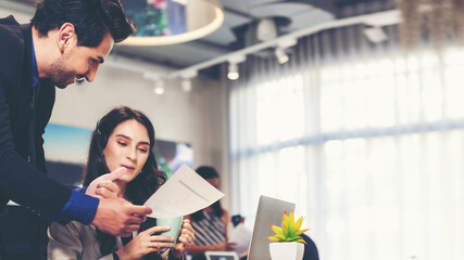 Team call center and customer service team support for information operator at work.  People woman...